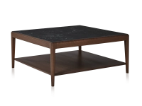 Square coffee table in oak and ceramic with shelf in dark brown stained wood, plain black ceramic top 100x100 cm Square coffee table in oak and ceramic with shelf in dark brown stained wood, plain black ceramic top 100x100 cm