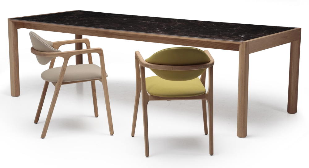 Extending table for 8 to 12 people in oak and ceramic with ceramic extensions natural wood finish and brown marble-effect ceramic 180x100 cm Extending table for 8 to 12 people in oak and ceramic with ceramic extensions natural wood finish and brown marble-effect ceramic 180x100 cm