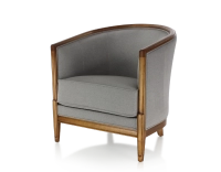 Fauteuil ancien accoudoirs moulurés bois teinte ancienne et tissu gris clair