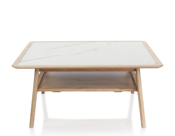Table basse carrée en chêne et céramique avec bois teinte naturelle plateau céramique effet marbre blanc 100x100 cm