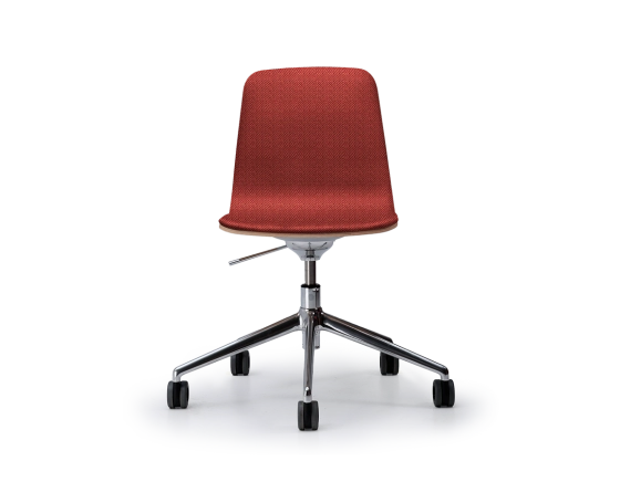 Design office chair aluminum metal base with red-purple fabric seat on casters.