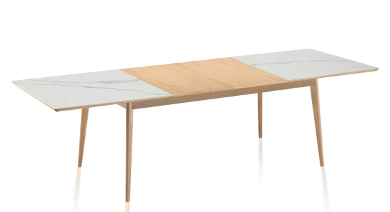 Extendable table for 8 to 14 people in oak and ceramic with wooden extensions with natural stained wood and white marble effect ceramic top 210x100 cm