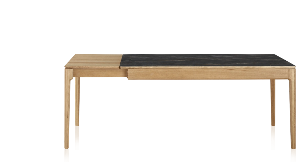 Table extensible 8 à 12 personnes en chêne et céramique allonges bois avec bois teinte naturelle et plateau céramique effet marbre noir 160x100 cm Table extensible 8 à 12 personnes en chêne et céramique allonges bois avec bois teinte naturelle et plateau céramique effet marbre noir 160x100 cm