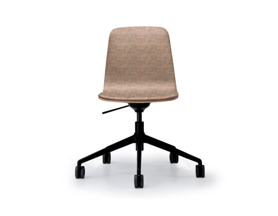 Design office chair black metal base with wheels, seat in beige, orange, and blue mottled fabric.
