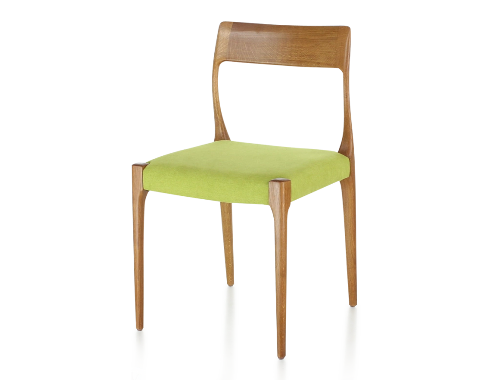 Chaise scandinave bois teinte merisier assise tissu vert pomme Chaise scandinave bois teinte merisier assise tissu vert pomme