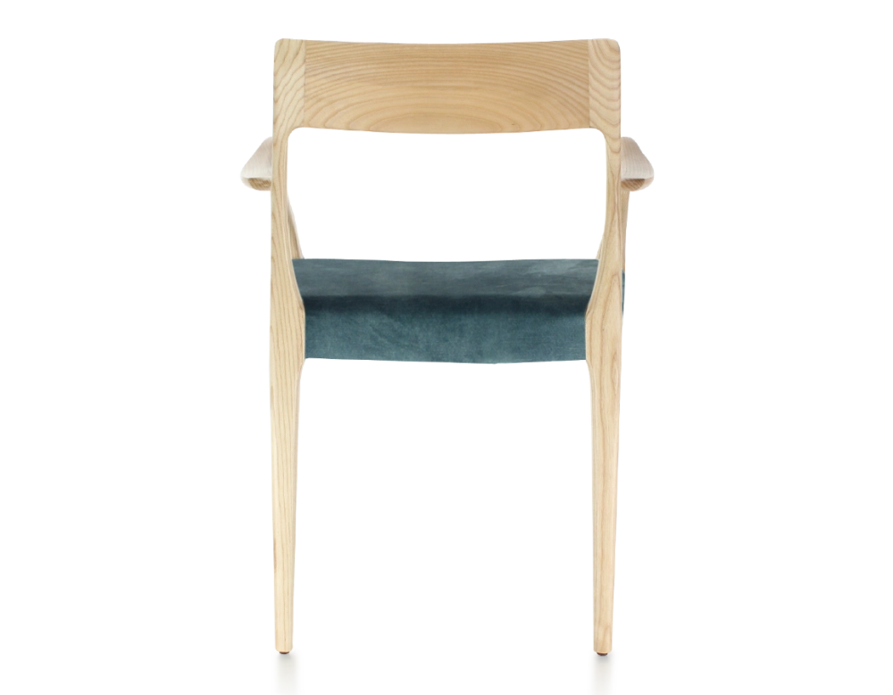 Scandinavian armchair with armrests natural stained wood, petrol blue velvet seat Scandinavian armchair with armrests natural stained wood, petrol blue velvet seat