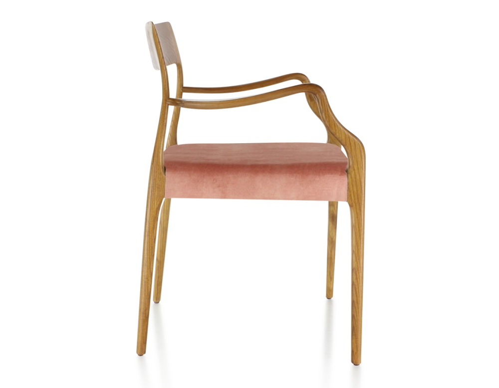 Scandinavian armchair with armrests cherry-stained wood, pale pink velvet seat Scandinavian armchair with armrests cherry-stained wood, pale pink velvet seat