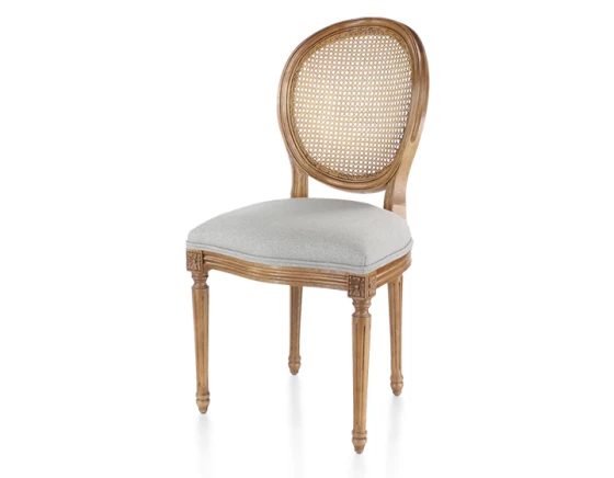 Chaise ancienne style Louis XVI bois teinte ancienne dossier canné assise tissu gris clair