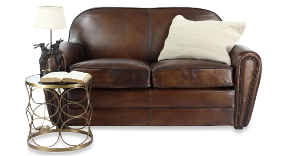 2 seater leather club sofa dark brown studded armrests