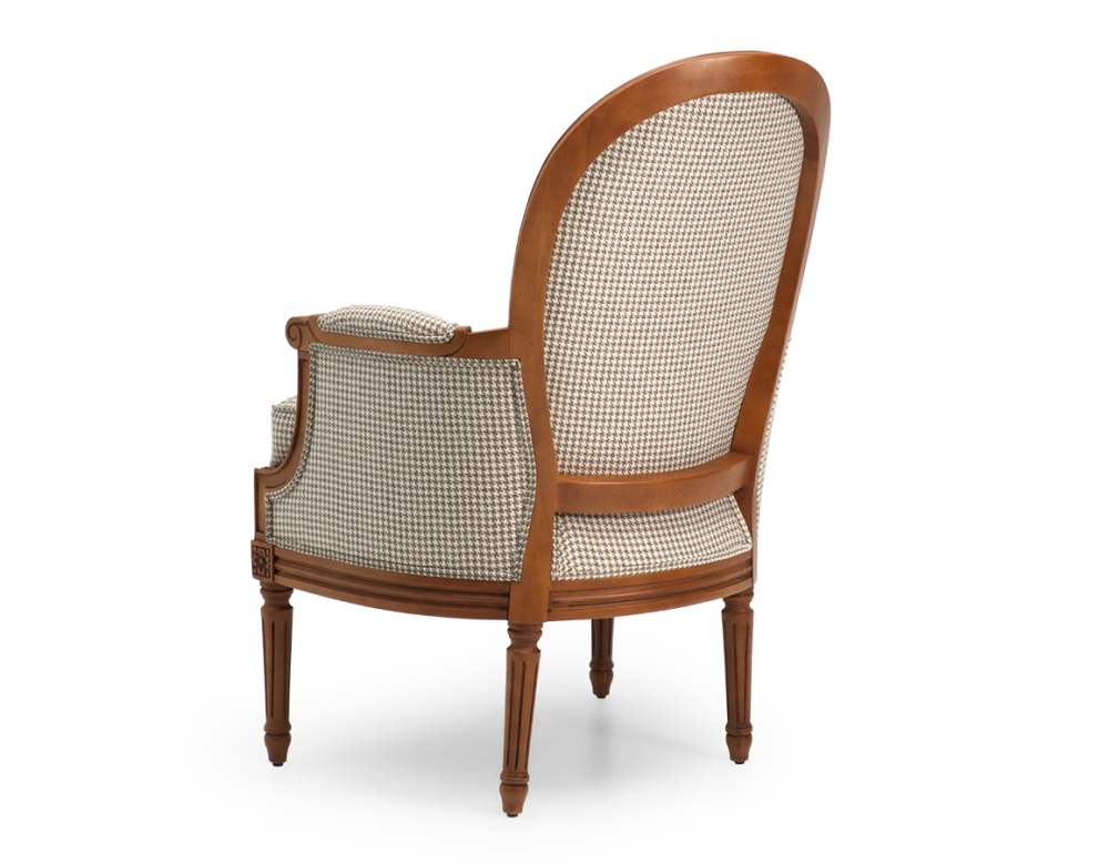 Louis XVI style bergère armchair wood antique stain and white and taupe houndstooth fabric Louis XVI style bergère armchair wood antique stain and white and taupe houndstooth fabric