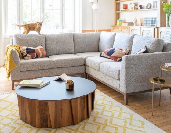 Round coffee table in walnut and ceramic with natural stained wood, slate effect ceramic top 80 cm