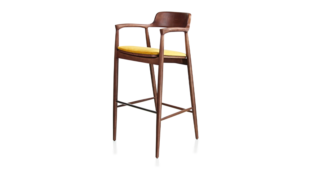 Tabouret de bar h80 cm bois teinte noyer assise tissu jaune