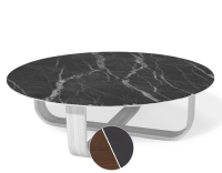 Round coffee table in oak and ceramic with dark brown stained wood, plain black ceramic top 120 cm Round coffee table in oak and ceramic with dark brown stained wood, plain black ceramic top 120 cm