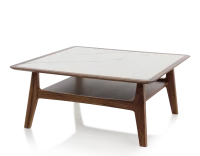 Table basse carré en noyer et céramique bois teinte naturelle plateau céramique effet marbre blanc 100x100 cm