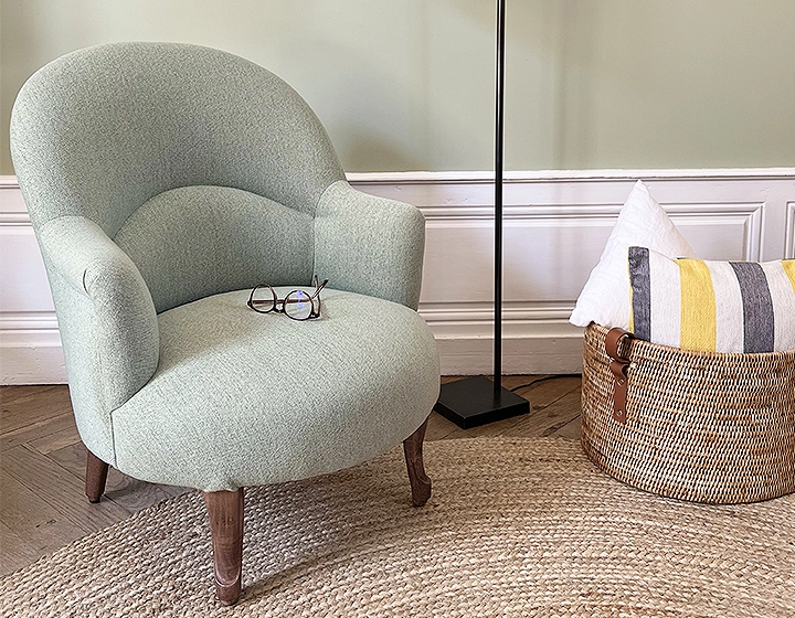 Toad armchair with armrests walnut-stained wooden legs and sage green fabric Toad armchair with armrests walnut-stained wooden legs and sage green fabric