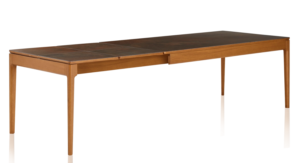Table extensible 8 à 14 personnes en chêne et céramique allonges céramique avec bois teinte merisier et plateau et allonges céramique brun oxydé 210x100 cm