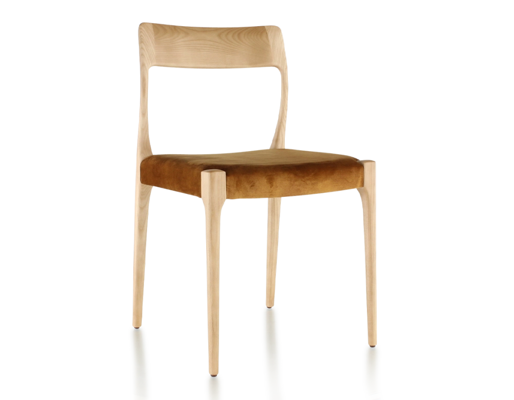 Chaise scandinave bois teinte naturelle assise tissu velours bronze Chaise scandinave bois teinte naturelle assise tissu velours bronze