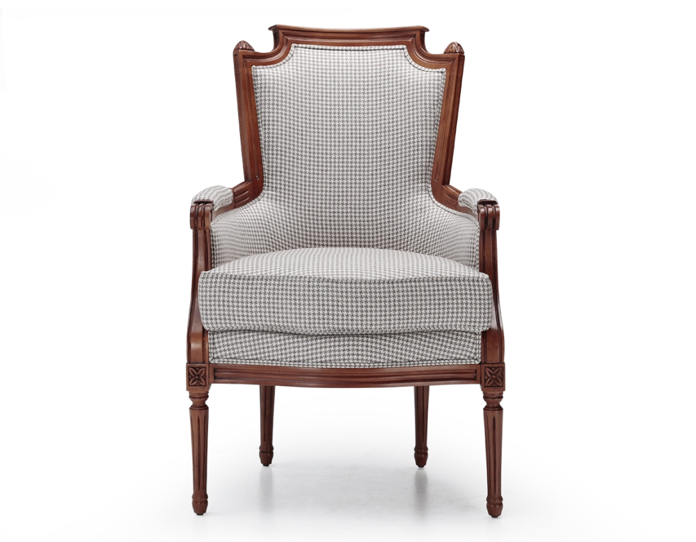 Fauteuil bergère style Louis XVI bois teinte ancienne et tissu pied de poule blanc et taupe Fauteuil bergère style Louis XVI bois teinte ancienne et tissu pied de poule blanc et taupe