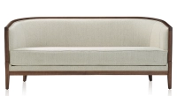 Canapé ancien 3 places bois teinte noyer et tissu beige naturel Canapé ancien 3 places bois teinte noyer et tissu beige naturel