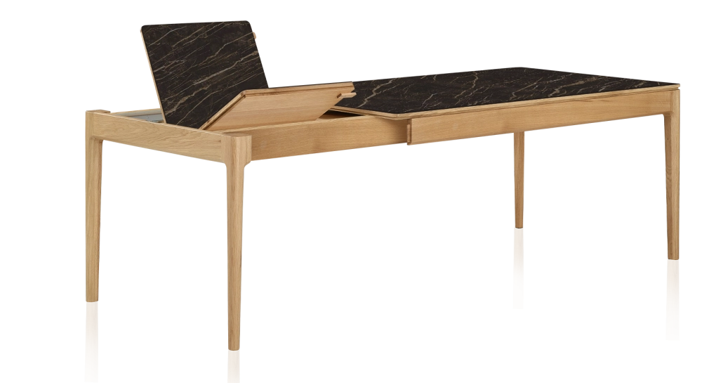 Extendable table for 8 to 12 people in oak and ceramic with ceramic extensions with natural stained wood and black marble effect ceramic top and extensions 180x100 cm