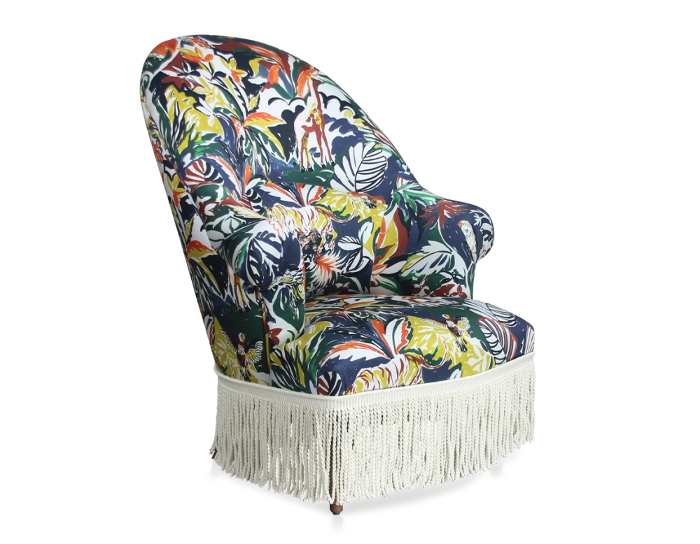 Toad armchair with armrests walnut-stained wooden legs and jungle fabric with high-back fringes Toad armchair with armrests walnut-stained wooden legs and jungle fabric with high-back fringes