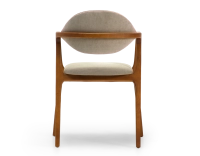 Designer armchair cherry wood stain and taupe fabric Designer armchair cherry wood stain and taupe fabric