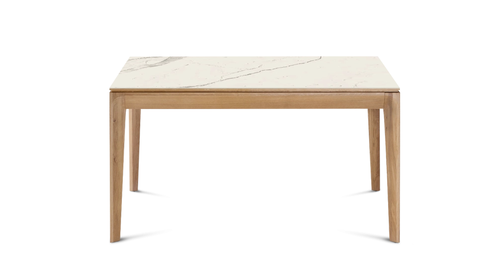 Extendable table for 6 to 10 people in oak and ceramic with wooden extensions with natural stained wood and white marble effect ceramic top 140x90 cm Extendable table for 6 to 10 people in oak and ceramic with wooden extensions with natural stained wood and white marble effect ceramic top 140x90 cm
