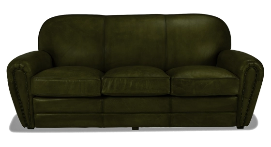 Canapé club cuir 3 places vert olive accoudoirs passepoil