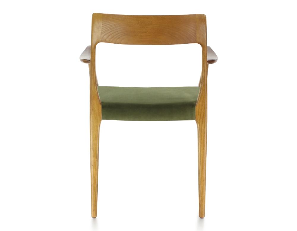 Scandinavian armchair with armrests cherry-stained wood, olive green fabric seat Scandinavian armchair with armrests cherry-stained wood, olive green fabric seat