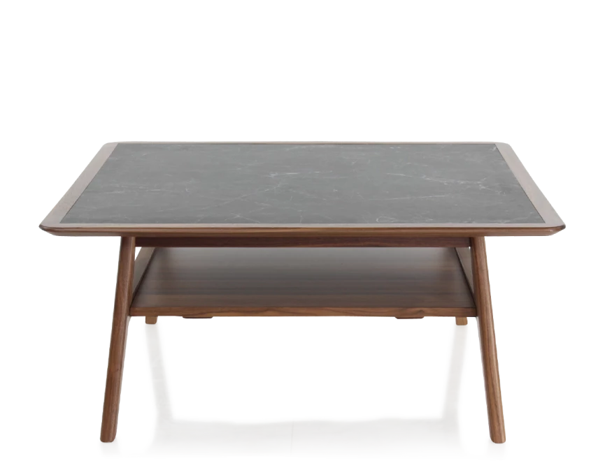Table basse carré en noyer et céramique bois teinte naturelle plateau céramique effet ardoise 100x100 cm
