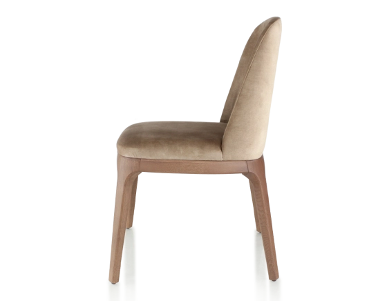 Designer chair walnut-stained wood and light taupe velvet fabric