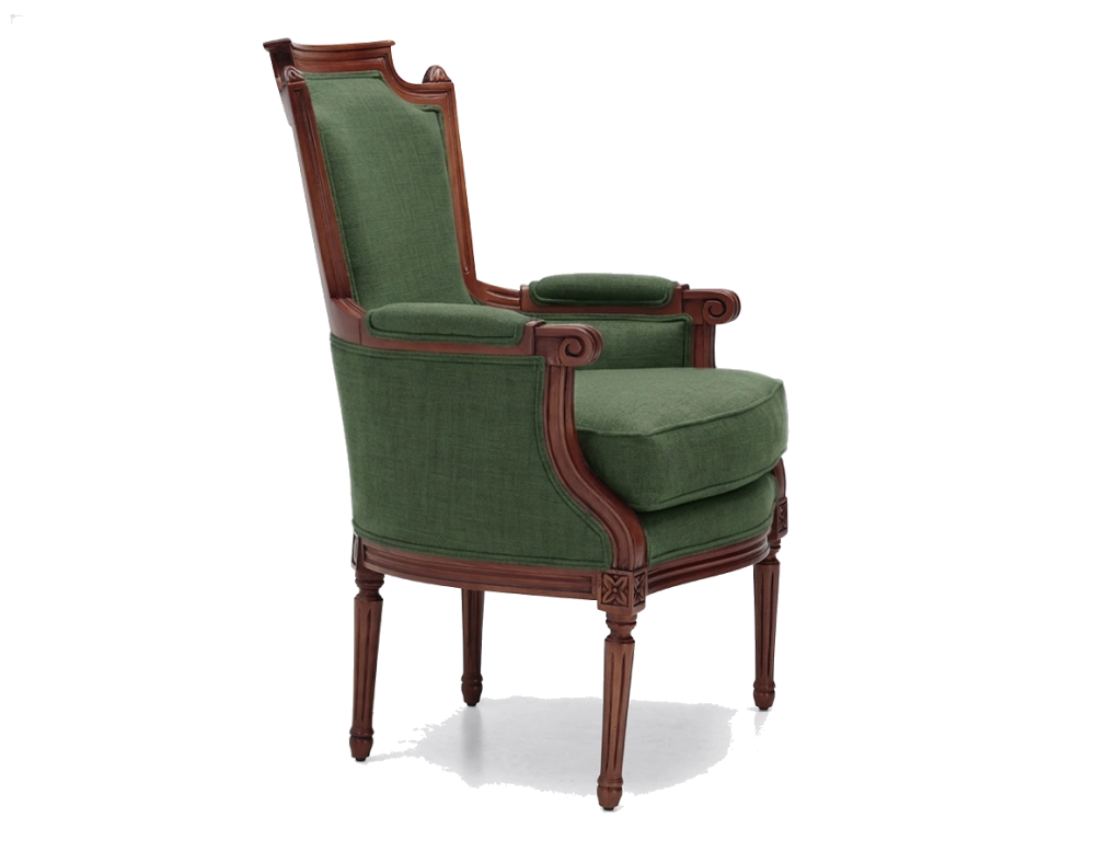 Louis XVI style bergère armchair bois teinte ancienne et tissu vert foncé