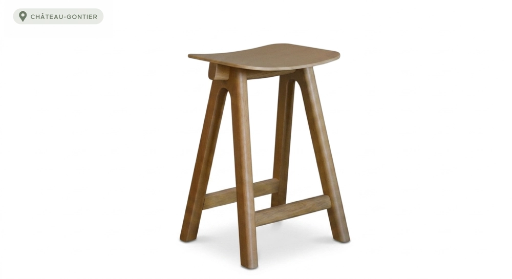 Design bar stool H65 cm natural wood finish with blue fabric seat