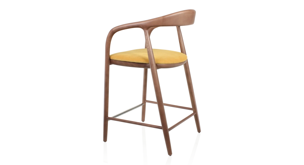 Tabouret de bar H60 cm bois teinte noyer et tissu jaune