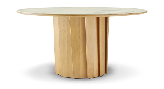 Round dining table for 6 people in oak and ceramic with natural stained wood and white marble effect ceramic top 140 cm