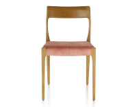 Chaise scandinave bois teinte merisier assise tissu velours rose pâle Chaise scandinave bois teinte merisier assise tissu velours rose pâle