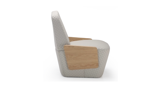 Designer armchair without armrests oak natural finish with beige fabric seat