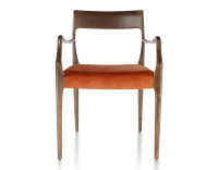 Chaise scandivave avec accoudoirs bois teinte marron foncé assise tissu velours terracotta