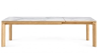 Table extensible 6 à 10/12 personnes en chêne et céramique allonges céramique avec bois teinte naturelle et plateau et allonge céramique effet marbre blanc 180x100 cm