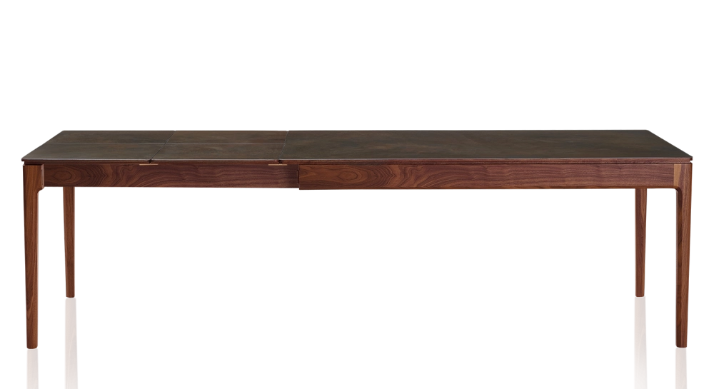 Table extensible 8 à 12 personnes en noyer et céramique allonges céramique avec bois teinte naturelle et plateau et allonges céramique brun oxydé 160x100 cm