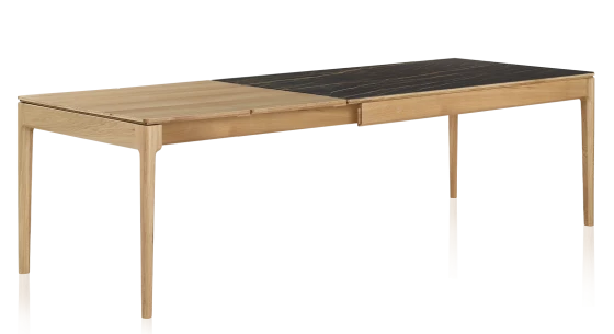 Table extensible en chêne naturel et céramique effet marbre noir 140x90 cm allonges chêne