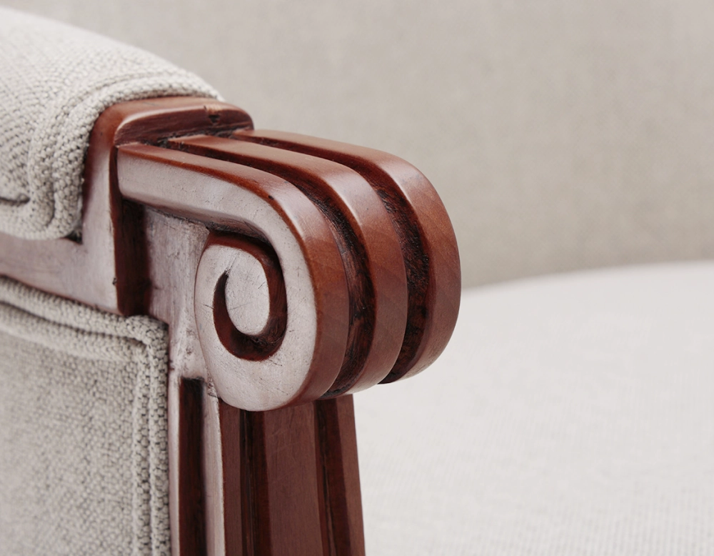 Louis XVI style moulded bergère armchair wood antique stain and natural beige fabric Louis XVI style moulded bergère armchair wood antique stain and natural beige fabric