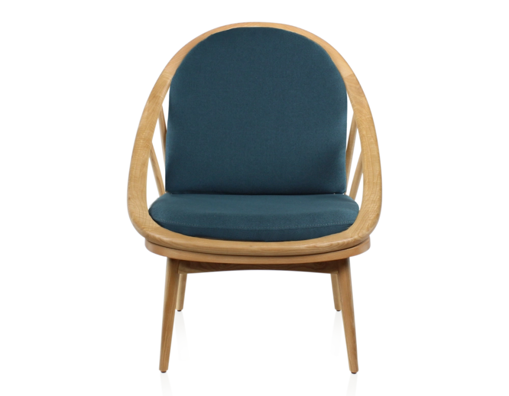Fauteuil scandinave bois teinte naturelle et tissu bleu océan Fauteuil scandinave bois teinte naturelle et tissu bleu océan