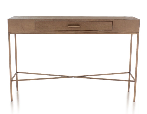 Console design frêne teinte noyer et métal patine laiton 100 cm