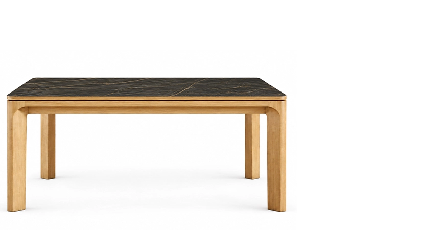Table extensible 6 à 8 personnes en chêne et céramique allonges céramique avec bois teinte naturelle et plateau et allonge céramique effet marbre noir 140x90 cm