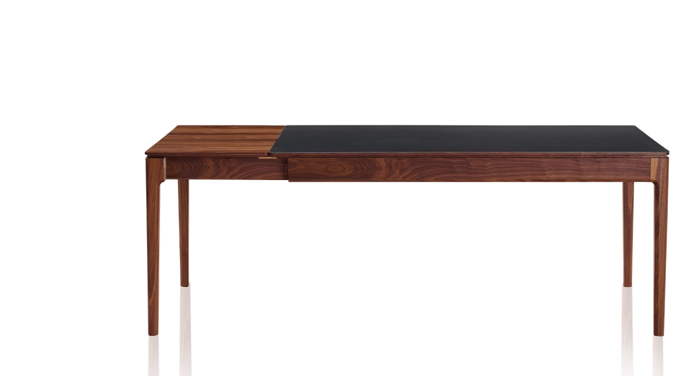 Table extensible 8 à 12 personnes en noyer et céramique allonges bois avec bois teinte naturelle et plateau céramique noir unie 160x100 cm Table extensible 8 à 12 personnes en noyer et céramique allonges bois avec bois teinte naturelle et plateau céramique noir unie 160x100 cm