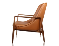 Fauteuil scandinave bois teinte merisier et cuir caramel Fauteuil scandinave bois teinte merisier et cuir caramel