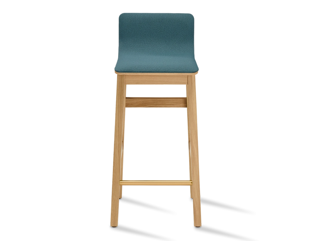 Tabouret de bar en chêne H60 cm bois teinte naturelle assise tissu bleu océan Tabouret de bar en chêne H60 cm bois teinte naturelle assise tissu bleu océan