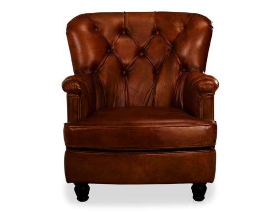 Fauteuil Chesterfield cuir marron vintage moyen dossier