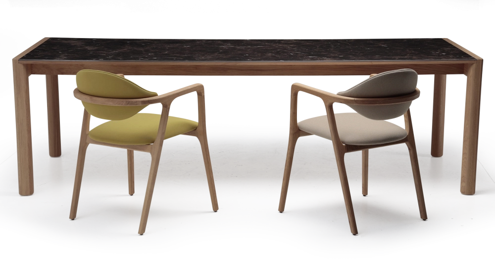 Extending table for 8 to 14 people in oak and ceramic with ceramic extensions natural wood finish and brown marble-effect ceramic 210x100 cm Extending table for 8 to 14 people in oak and ceramic with ceramic extensions natural wood finish and brown marble-effect ceramic 210x100 cm